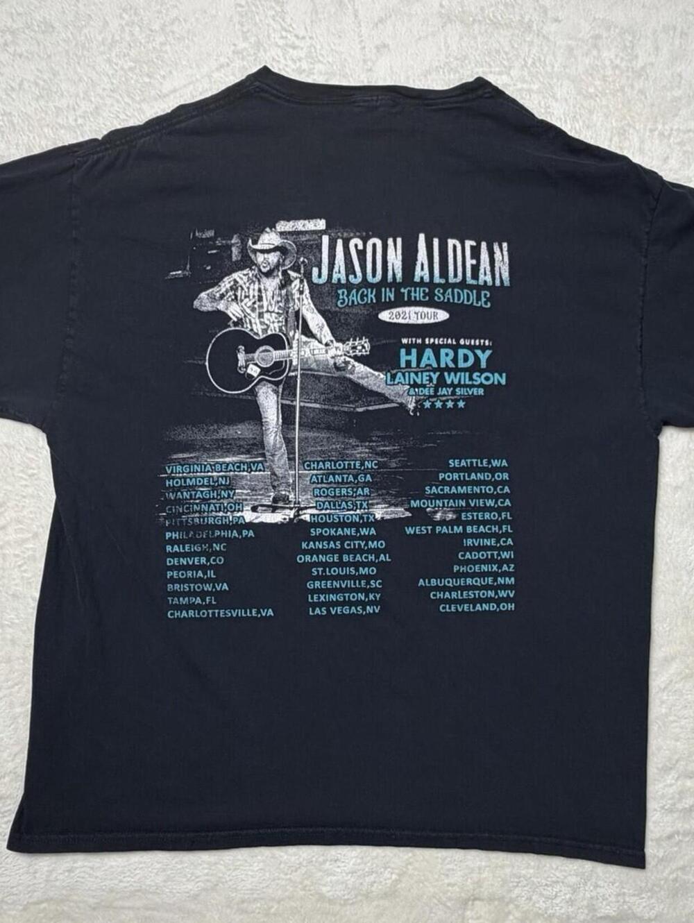 Vintage Jason Aldean Back In The Saddle 2021 Tour T-Shirt Men's XL Black Graphic